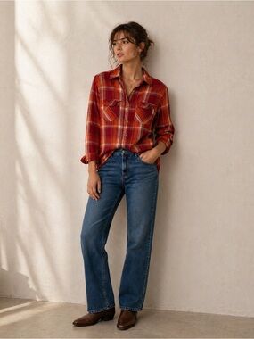 2/40$ WindRiver flanel plaid button down shirt strongcotton red orange ecru Medi